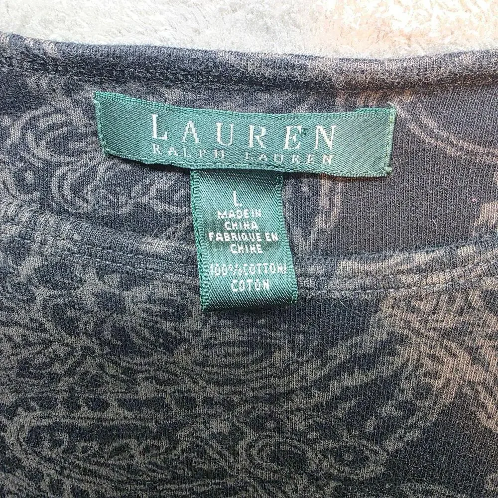 Lauren Ralph Lauren Shirt Womens L Black Paisley Print Long Sleeve T-Shirt